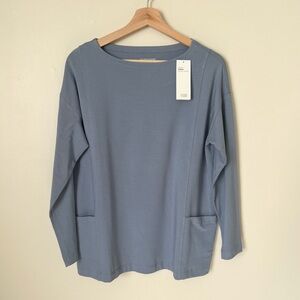 NWT Eileen Fisher Cotton Stretch Jersey Bateau Neck Blue Long Sleeve Size XS
